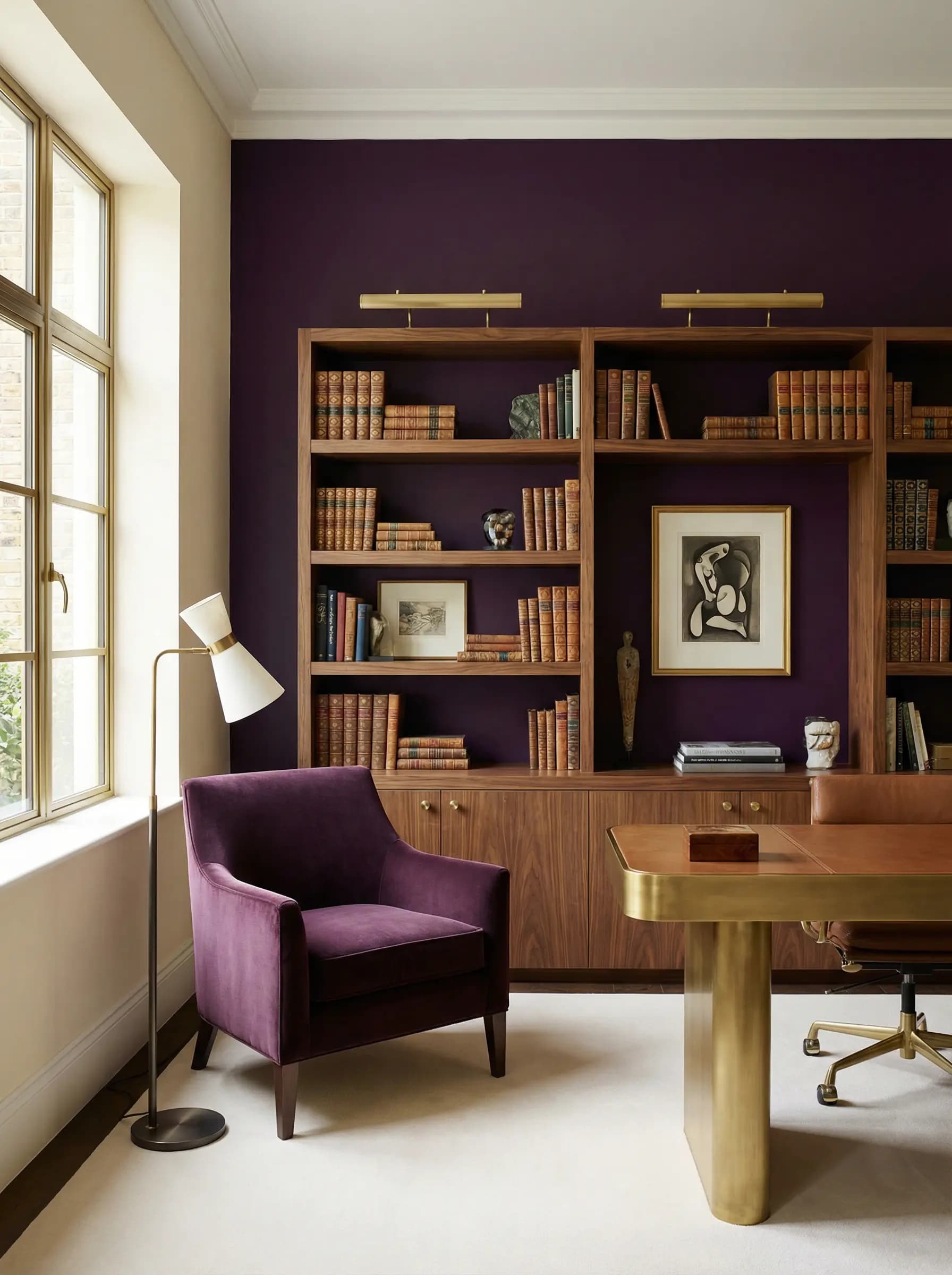 Sophisticated study painted in a deep aubergine hue with built-in bookshelves