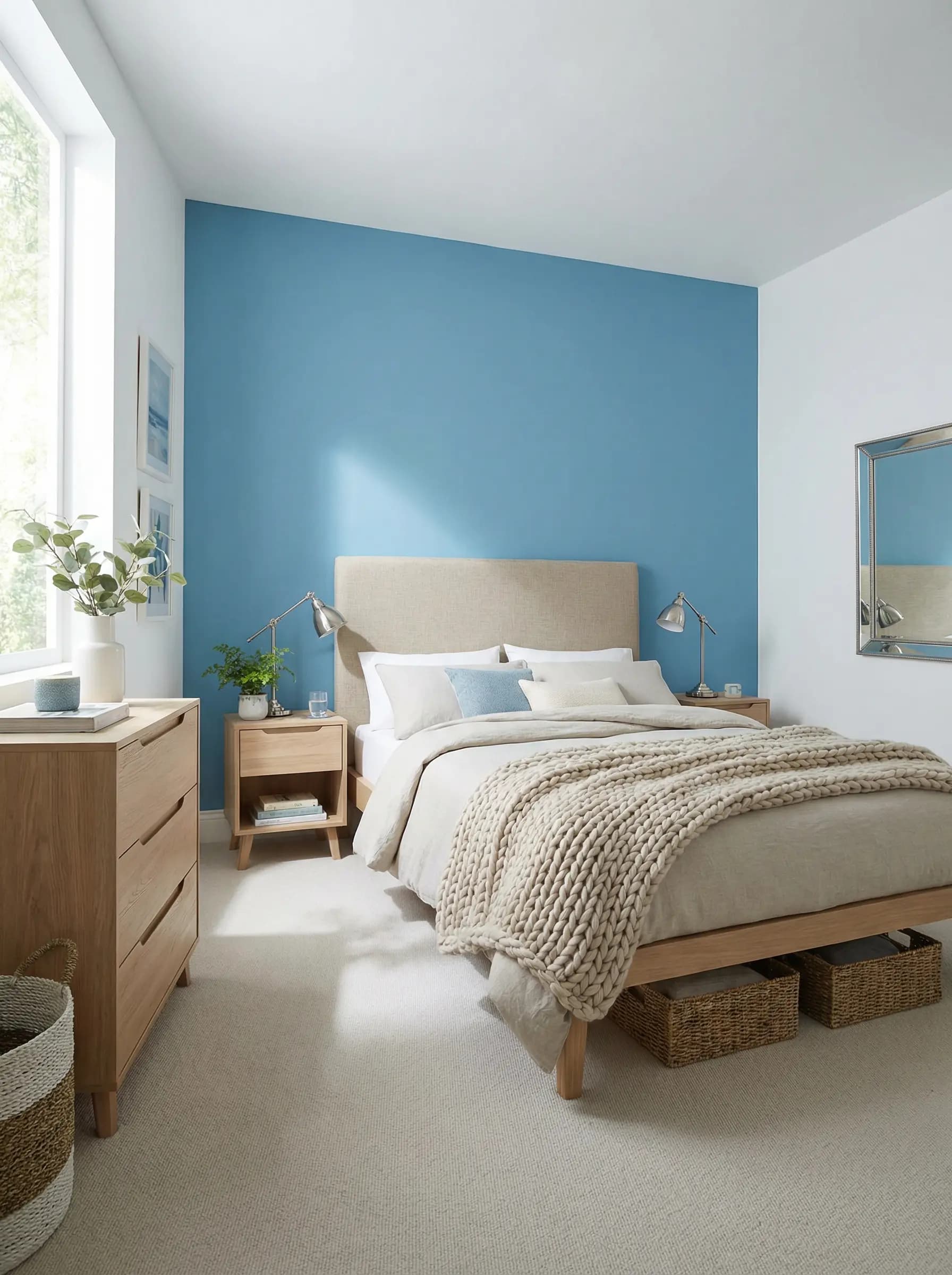 Calming bedroom painted in soothing cerulean blue with crisp white accents