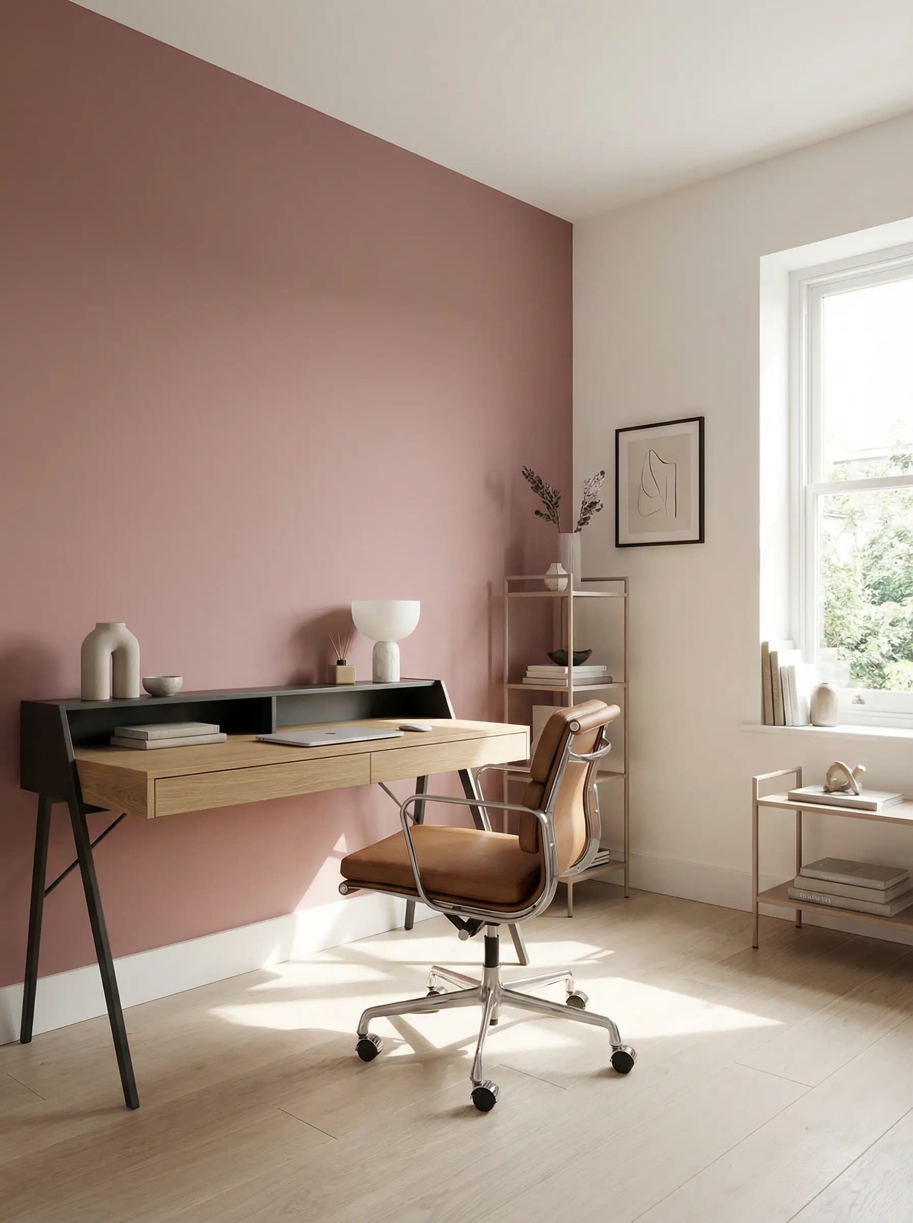 Stylish home office painted in a soft dusty rose with gold accents