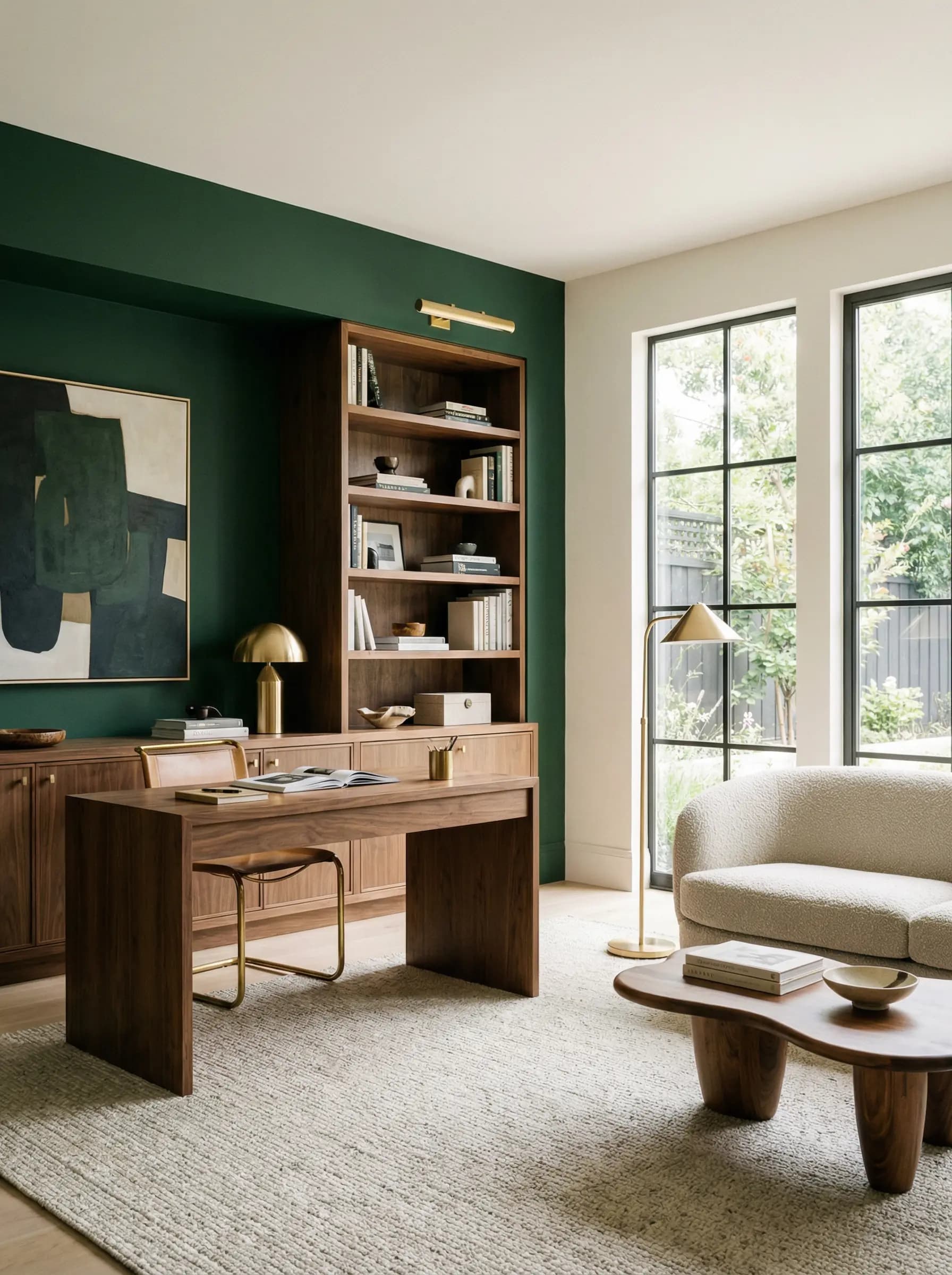Cosy study painted in a deep forest green with warm wood furniture