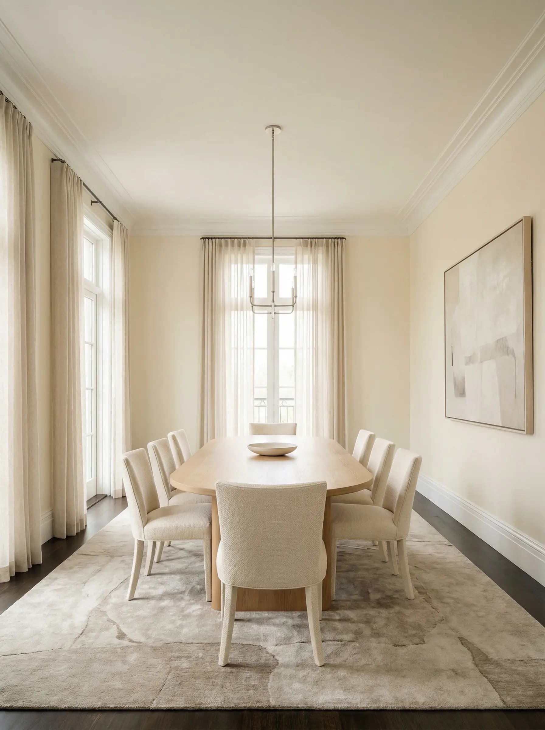 Classic dining room finished in timeless ivory tones with elegant crown moulding