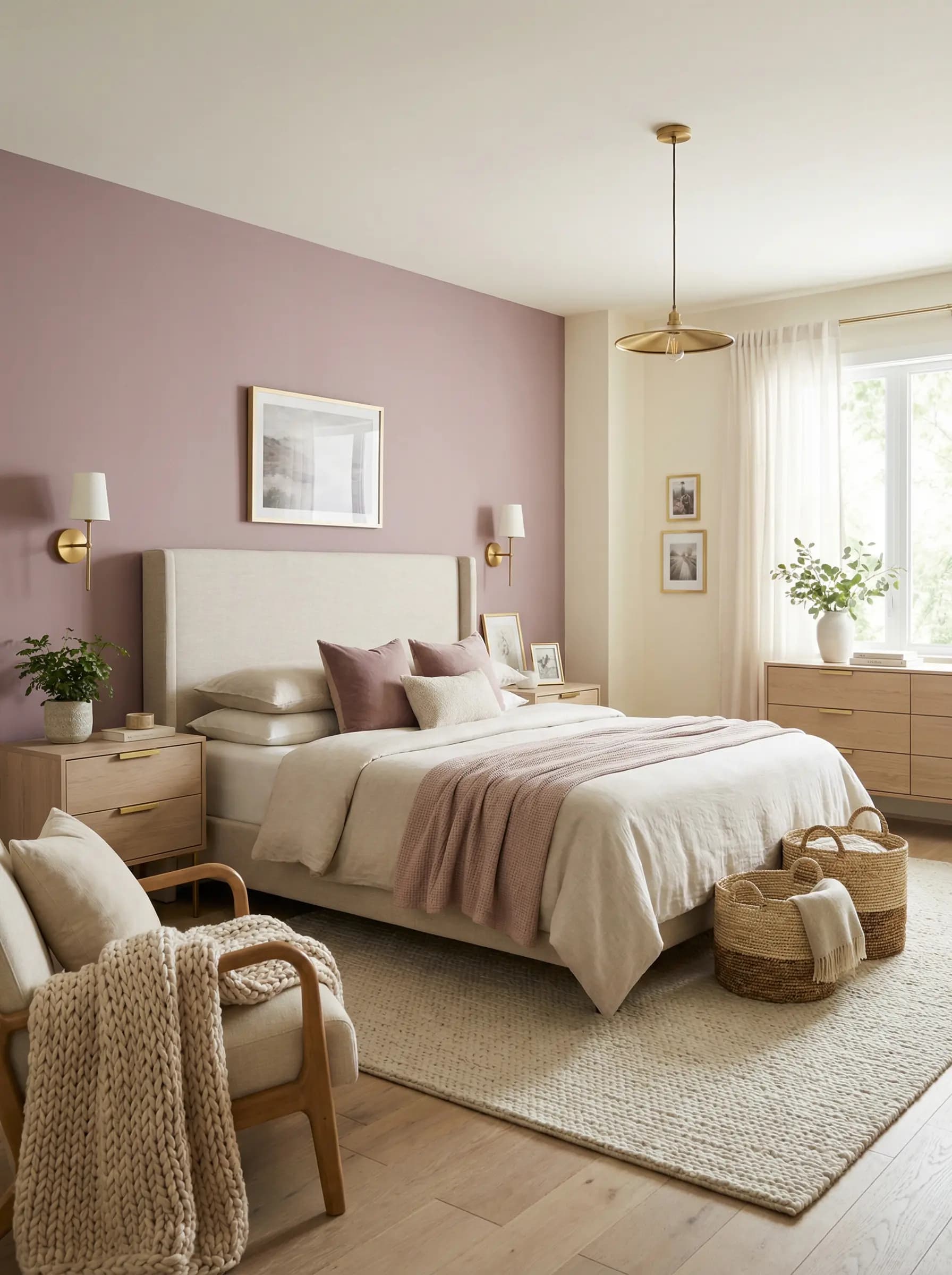 Restful bedroom finished in a soft mauve with layered textiles