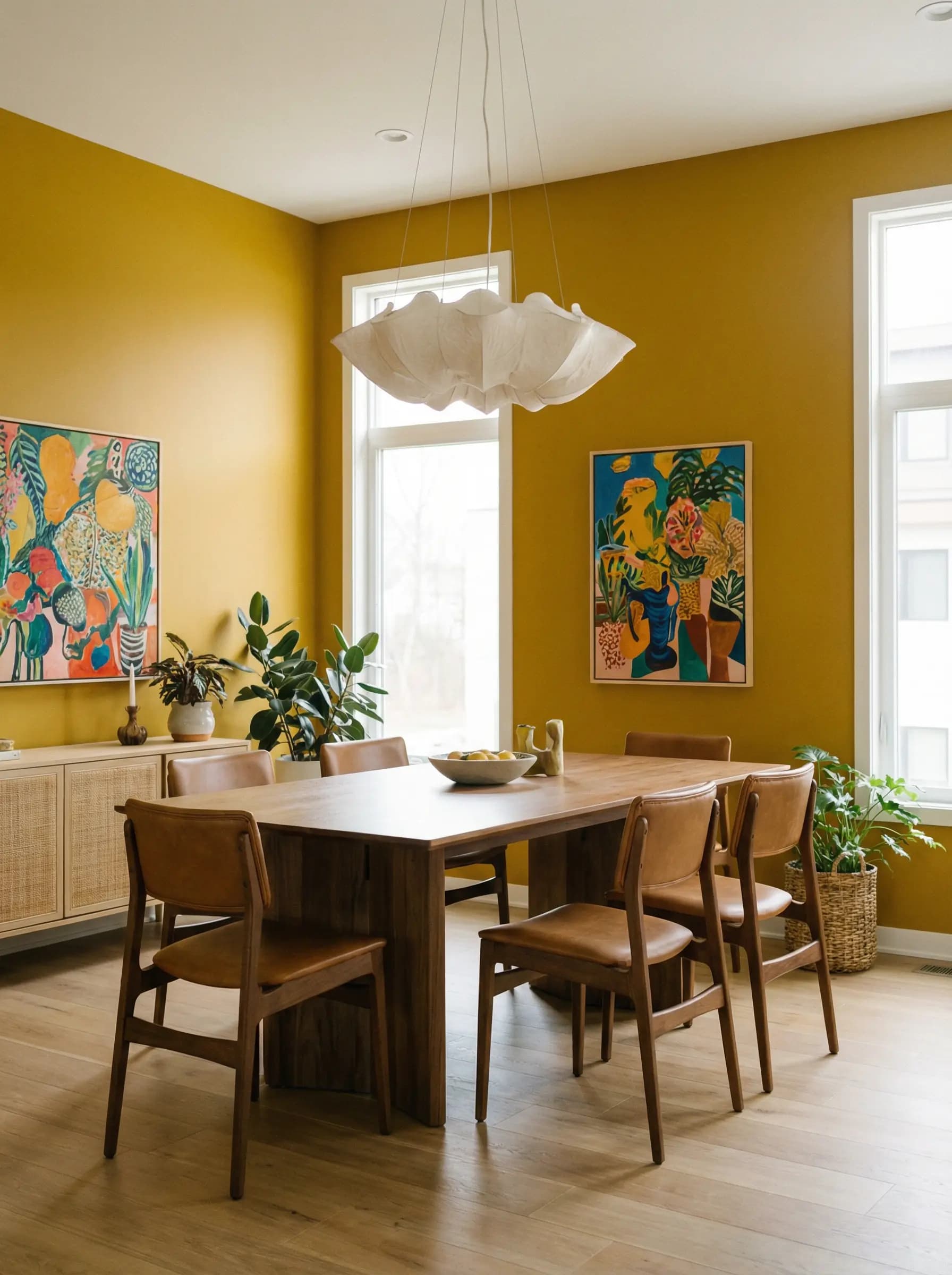 Vibrant dining room painted in a bold mustard yellow with modern fixtures
