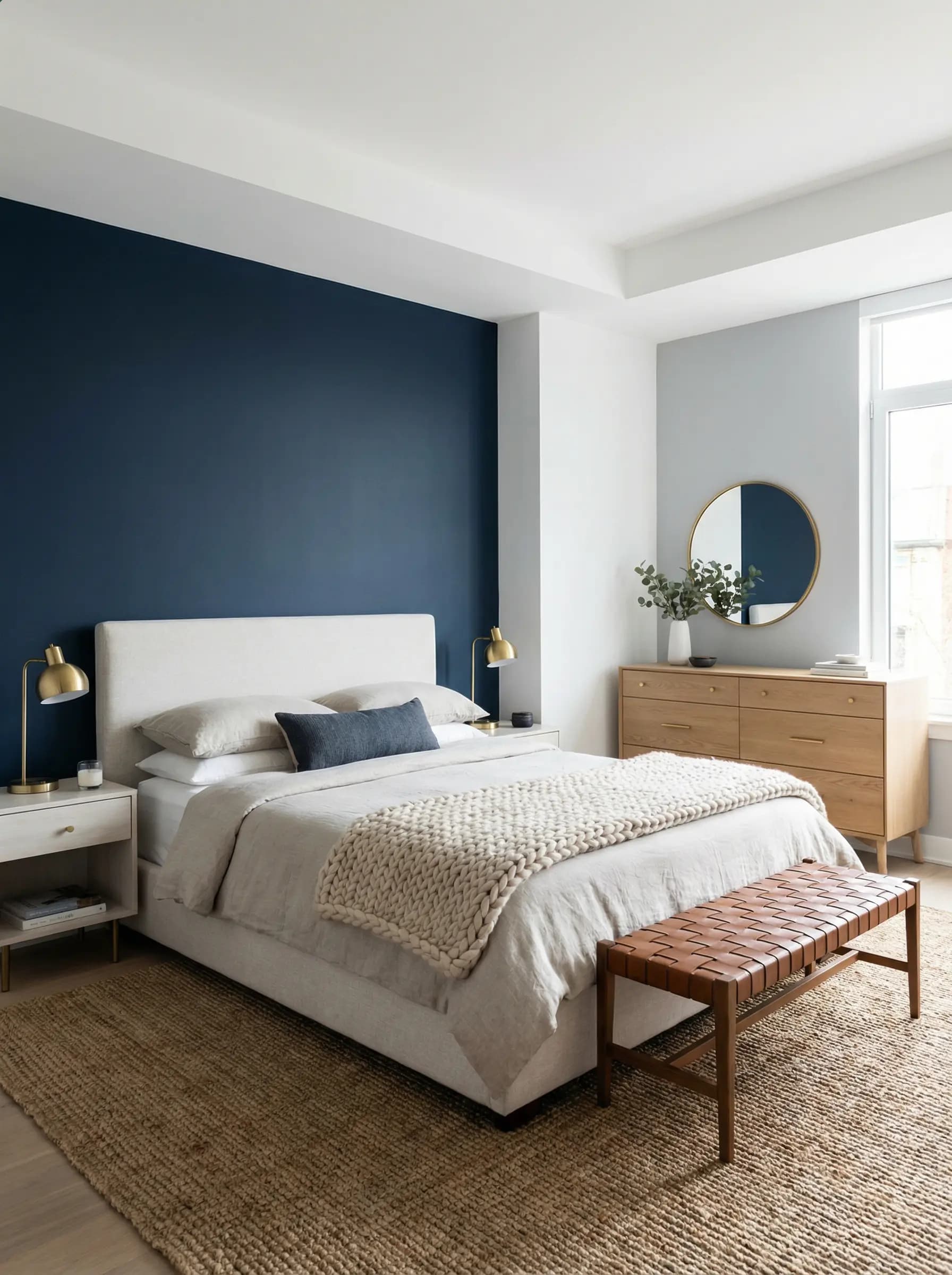 Dramatic bedroom painted in deep navy blue with contrasting white bedding