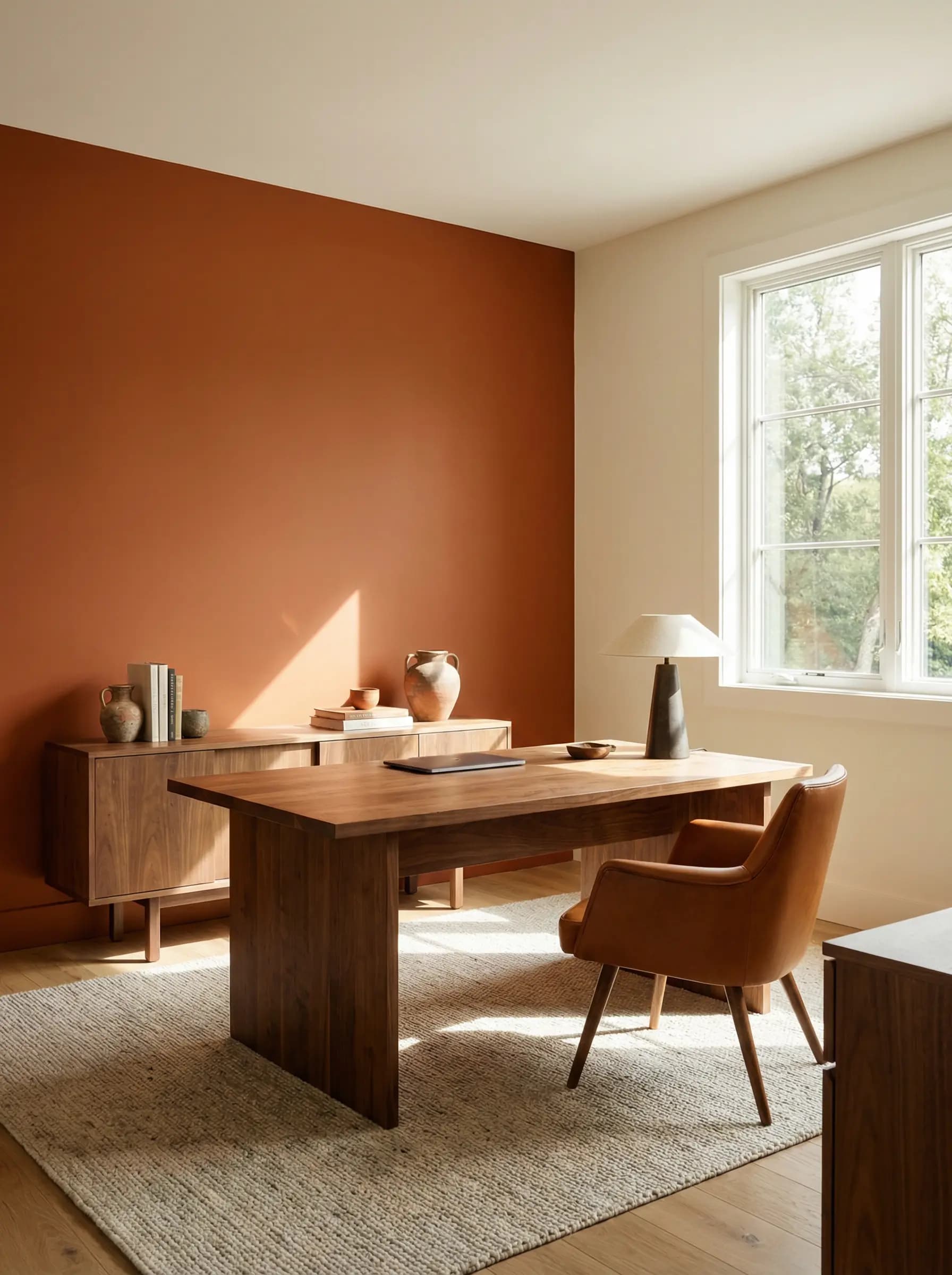 Modern office featuring warm rust-coloured walls with minimalist decor