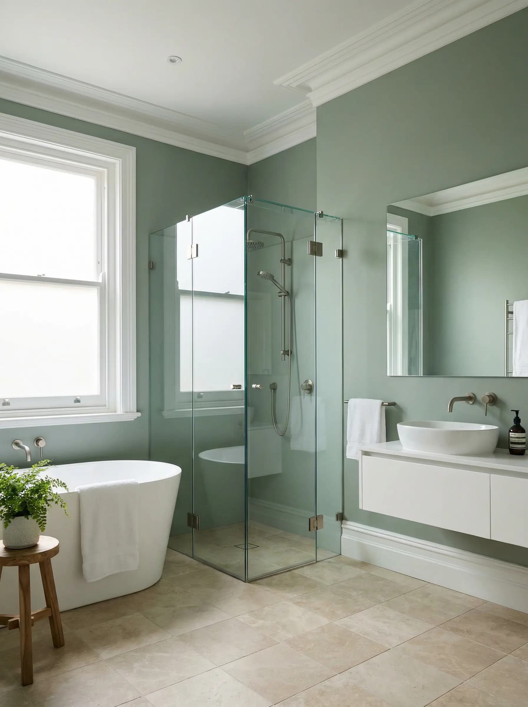 Spa-inspired bathroom painted in a tranquil sage green with white marble countertops