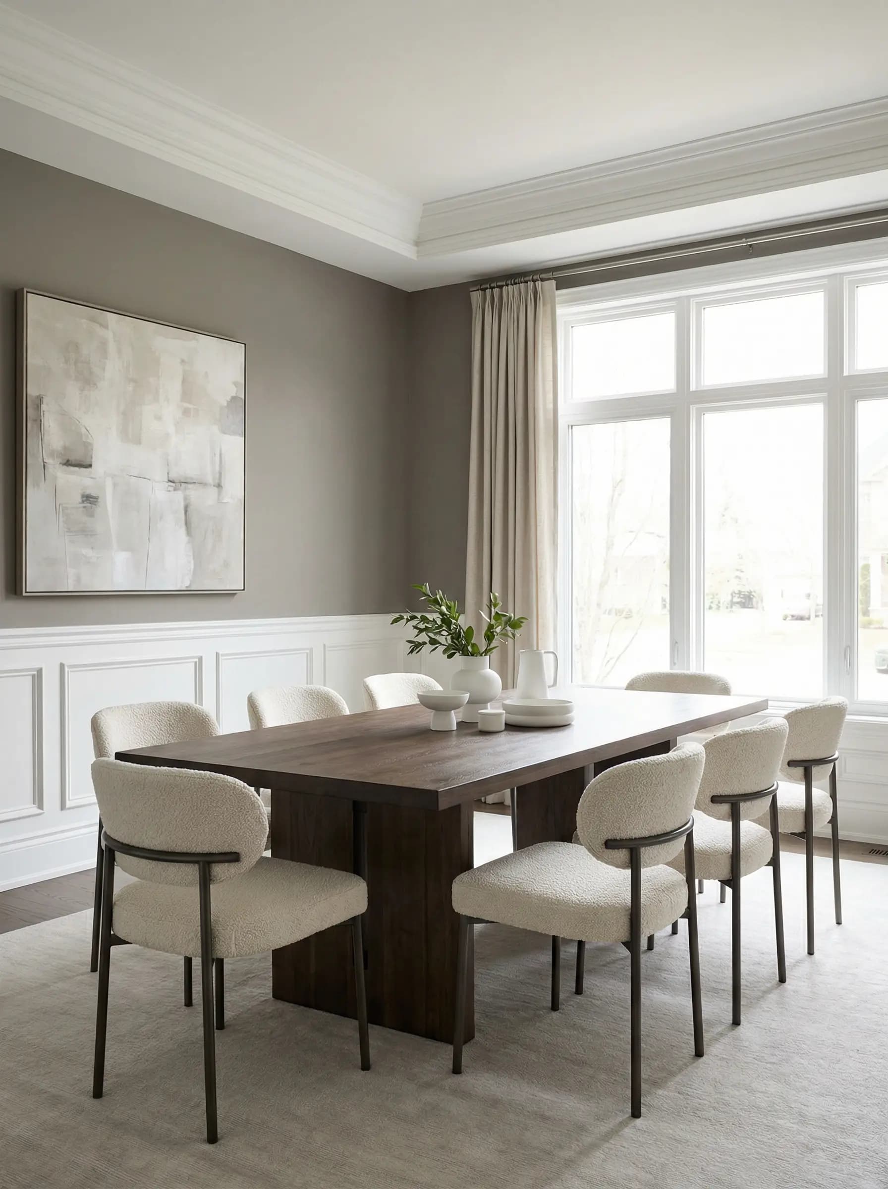 Refined dining room finished in a warm grey with subtle undertones and natural light
