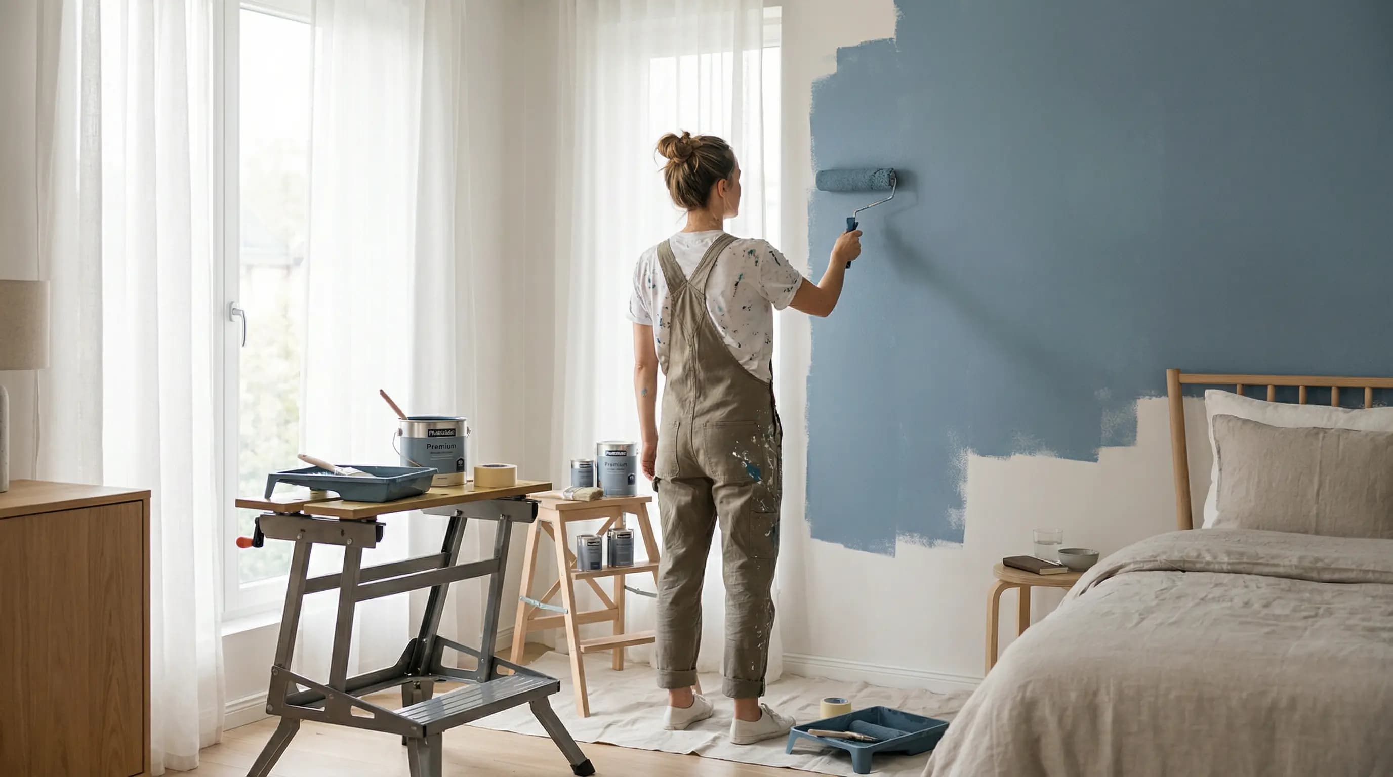 Modern Coats painter applying a beautiful dusty blue colour to an interior wall
