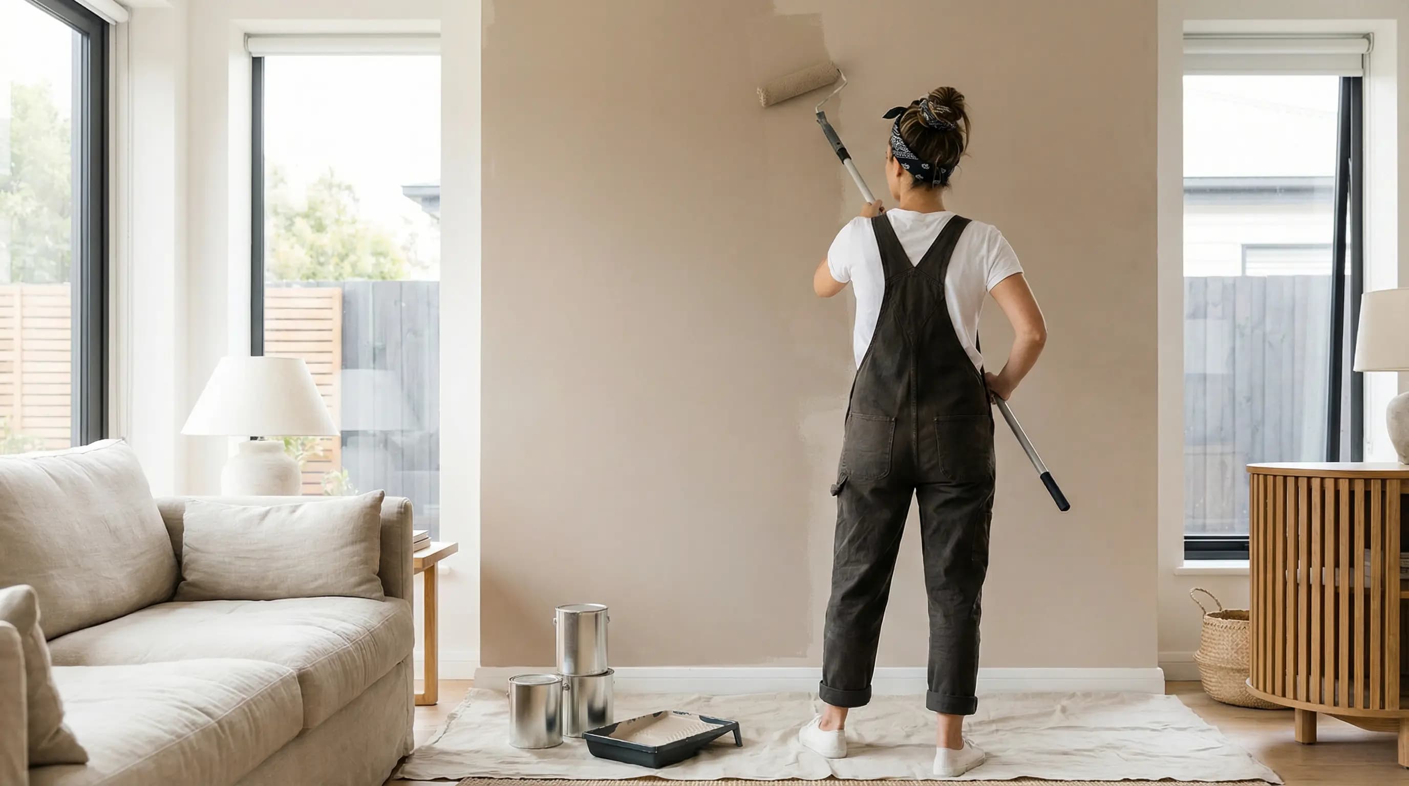 Painter working on a warm beige wall with steady, confident brush strokes